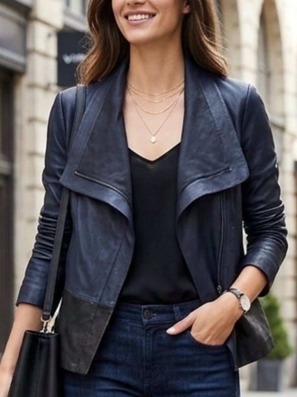 VINCE Two-Tone Navy & Black Paper Leather Drape Neck Jacket Size L